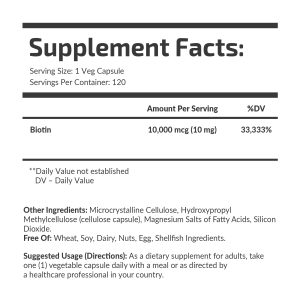 Банка Biotin 10000 mcg Fuel Up 120 vegcaps, бічний ракурс.