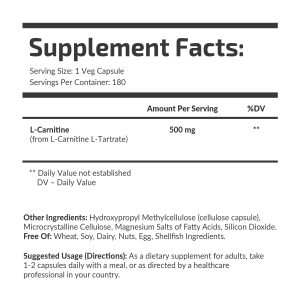 Велика банка L-Carnitine 500 mg Fuel Up 180 vegcaps, деталі.