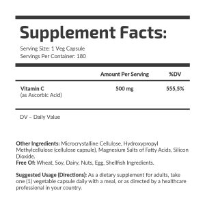 Банка Vitamin C 500 mg Fuel Up 180 капсул, вигляд збоку.